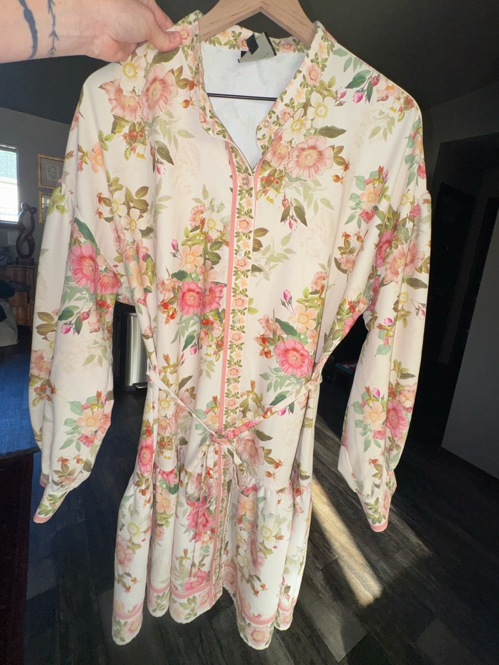 Alex Marie Cream Floral Button-Front Shirt Dress with Pink & Green Print